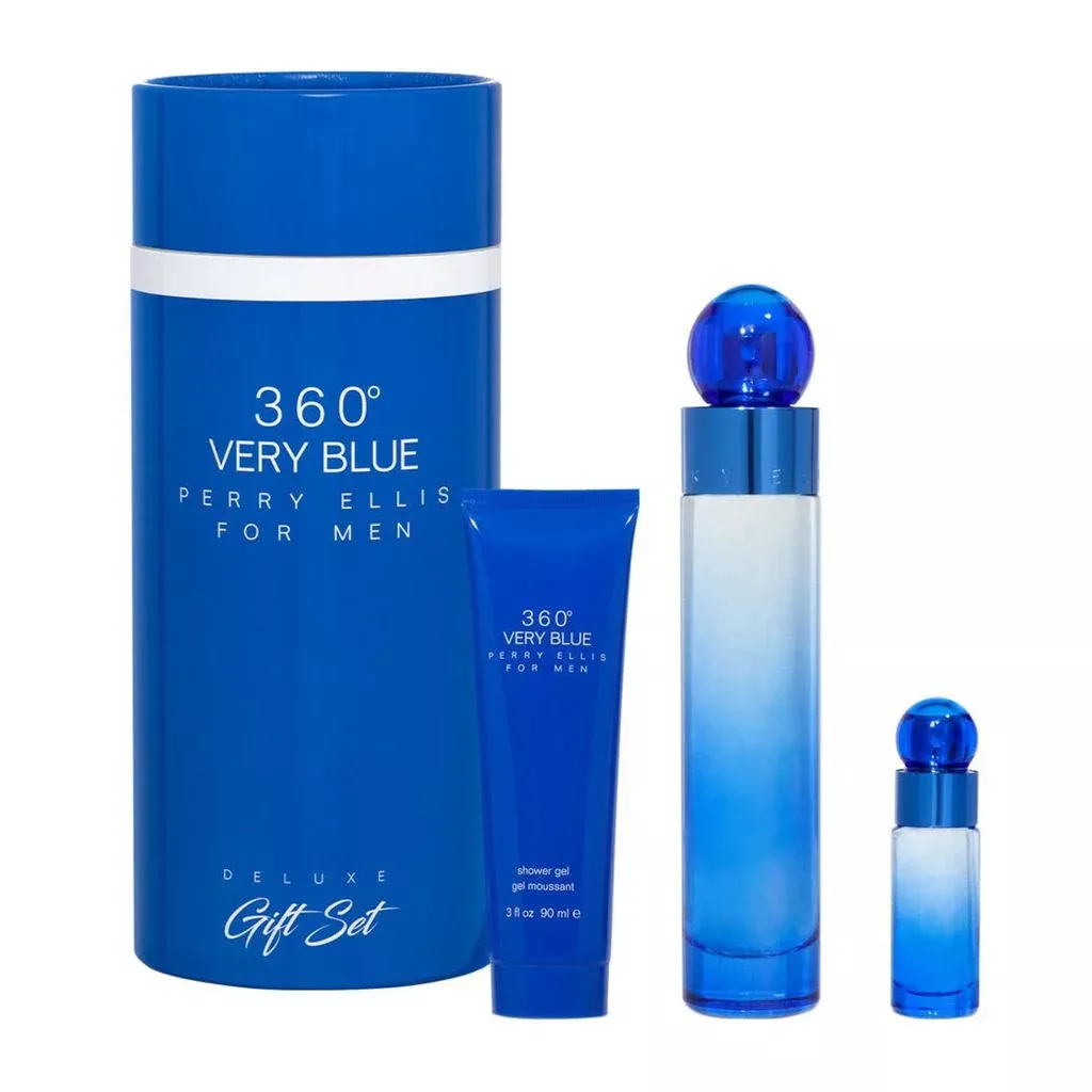 360 Very Blue Deluxe3 pcs. Gift Set (3.4 oz. / 100 ml EDT Spray + .25 oz. / 7.5 ml EDT Spray + 3.0 oz / 90 ml S/ Gel.