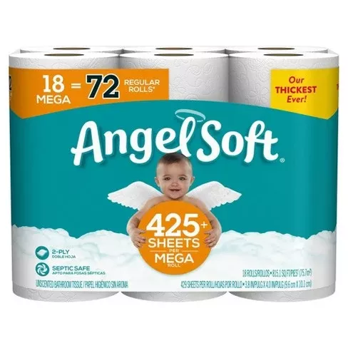 Angel Soft Toilet Paper 18 Mega Rolls = 72 Regular Rolls (425+ Sheets per Roll)