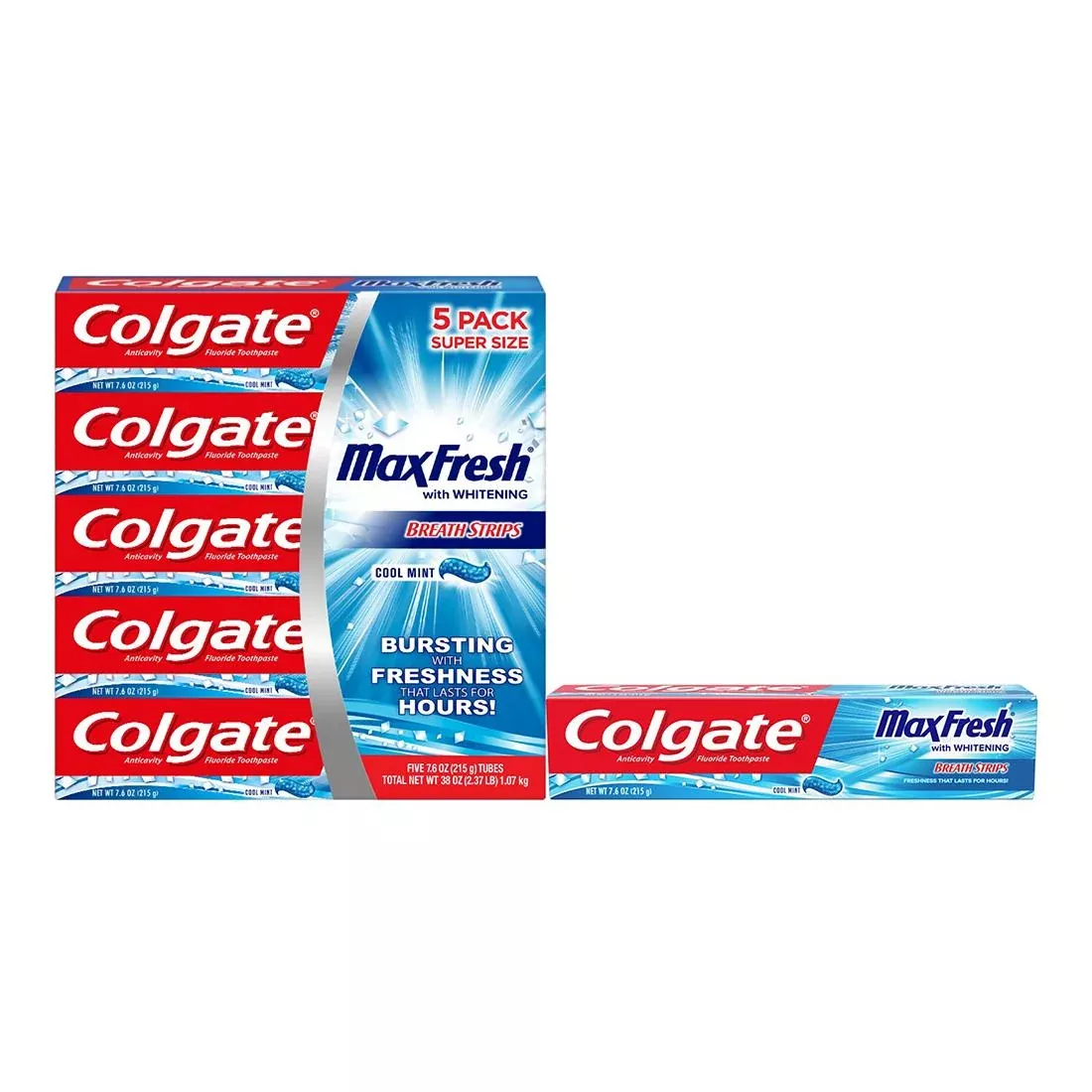 Colgate Max Fresh Toothpaste with Mini Breath Strips, Cool Mint 5-PACK 7.6 oz