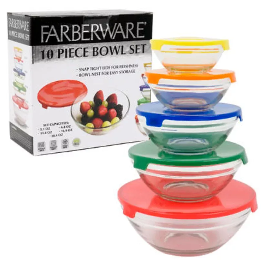 Farberware Glass Bowl Set W/Plastic Lids Microwave Freezer Dishwasher Safe 10-Pc