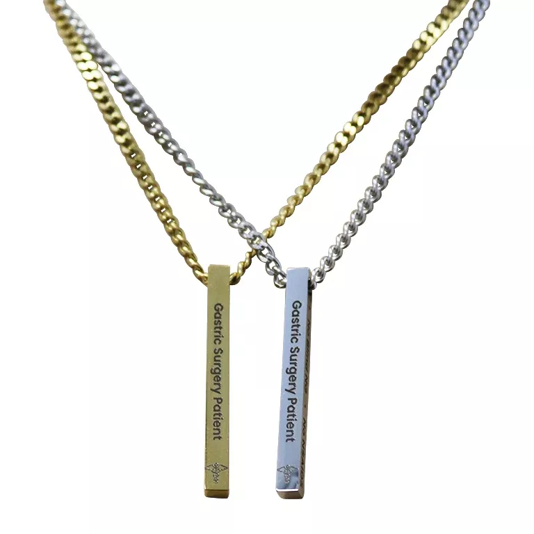 Gastric Surgery Medical Alert Necklace: Stainless Steel Engraved Rod Pendant by BariatricPal